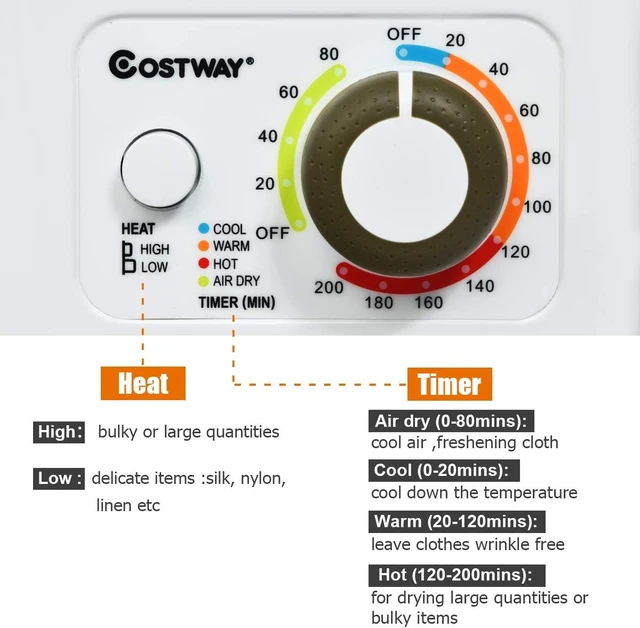 Alt view image 3 of 7 - COSTWAY 1.5 Cu.ft. Portable Clothes Dryer, 850W Compact Laundry Dryer,White