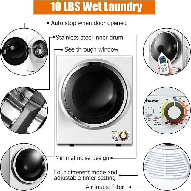 Alt view image 4 of 7 - COSTWAY 1.5 Cu.ft. Portable Clothes Dryer, 850W Compact Laundry Dryer,White
