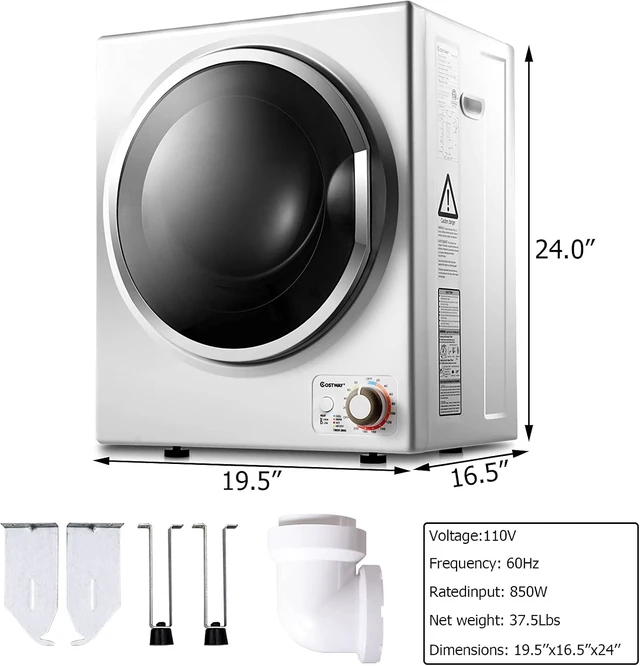 Alt view image 6 of 7 - COSTWAY 1.5 Cu.ft. Portable Clothes Dryer, 850W Compact Laundry Dryer,White