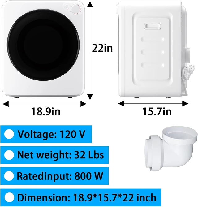 Alt view image 6 of 7 - Erivess 1.8 cu.ft Portable Clothes Dryer with 5 Modes, 800W Compact Dryer with Stainless Steel Tub, Auto Stop & Easy Control Small Dryer Machine, Ideal for Laundry, Apartments, Dorms, RVs, White