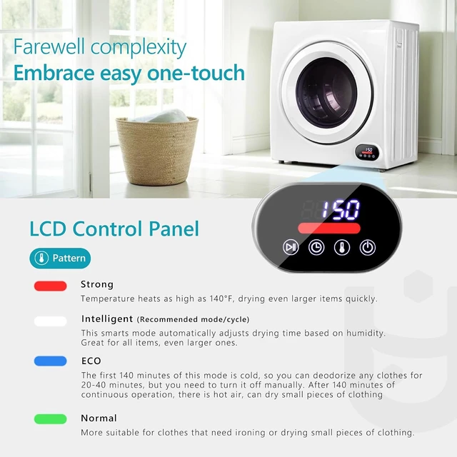 Alt view image 5 of 7 - Euhomy Compact Laundry Dryer, 3.5 cu ft Front Load Stainless Steel Clothes Dryers With Exhaust Pipe, 1500W, LCD Control Panel Four-Function Portable Dryer For Apartments, Home, Dorm, White
