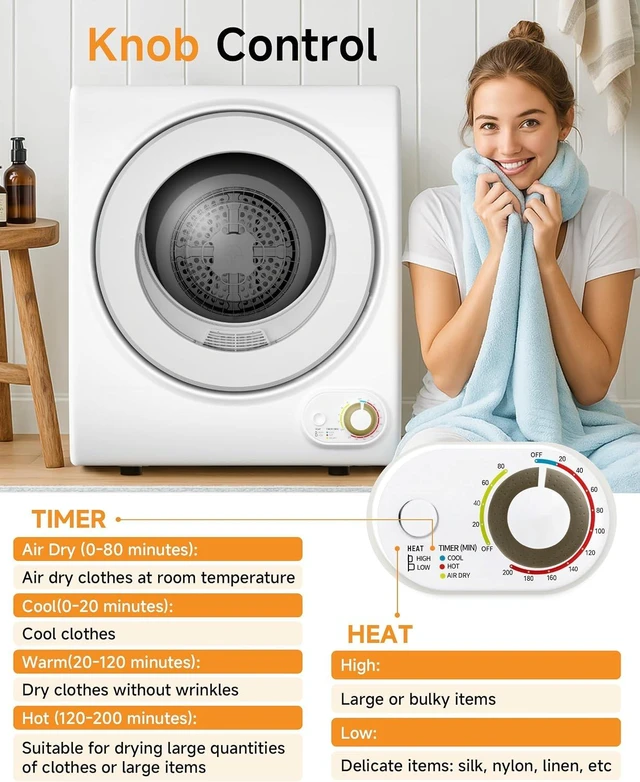 Alt view image 3 of 7 - 10 LBS Portable Dryer, 1.5 Cu.Ft. Portable Clothes Dryer with Knob Control, Stainless Steel Drum, Exhaust Pipe, 850W Drying Machine for Apartment, Dorm, Home, White