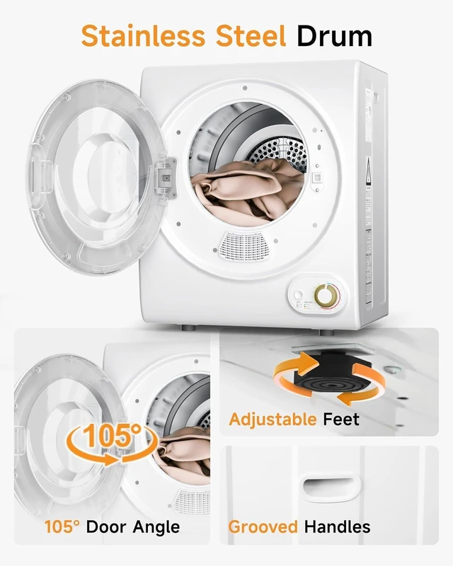Alt view image 5 of 7 - 10 LBS Portable Dryer, 1.5 Cu.Ft. Portable Clothes Dryer with Knob Control, Stainless Steel Drum, Exhaust Pipe, 850W Drying Machine for Apartment, Dorm, Home, White