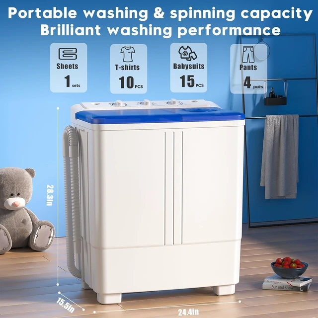 Alt view image 3 of 7 - Auertech Portable Washer and Dryer Combo, 20 Lbs Twin Tub Washing Machine, 1.5 Cu.Ft Compact Clothes Dryer, Portable Washing Machine and Dryer Set for Laundry, Apartment, RV, Dorm, Blue