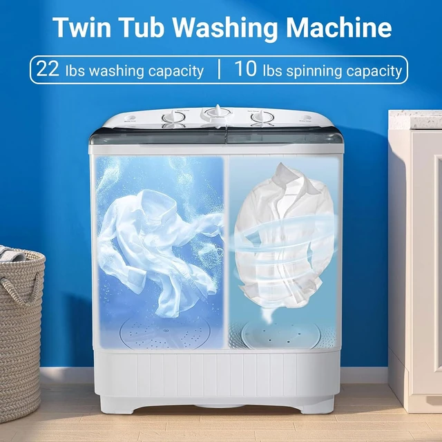 Alt view image 4 of 7 - Erivess 32 lbs Compact Mini Twin Tub Washing Machine with Drying Rack&10 Hangers, 22 lbs Washer Mini Compact Laundry Machine and 10 lbs Spinner, Convenient and Efficient for Dorms, Apartment
