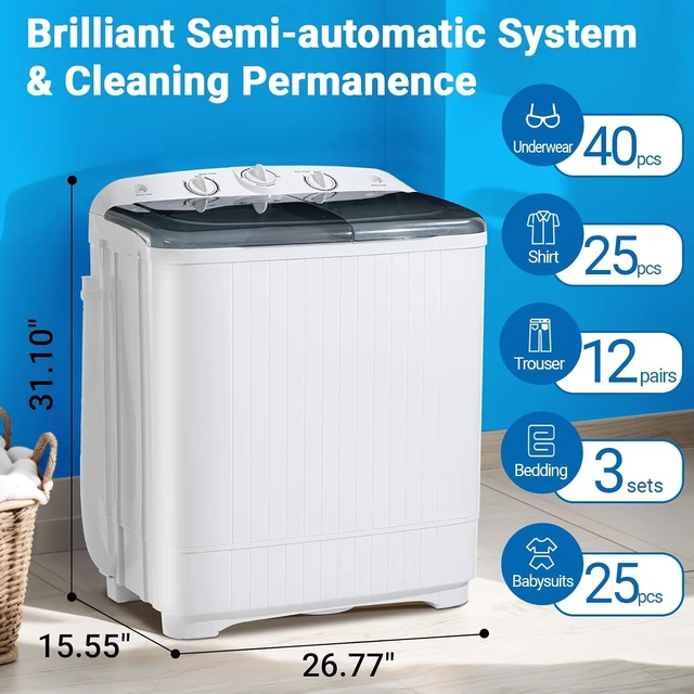 Alt view image 5 of 7 - Erivess 32 lbs Compact Mini Twin Tub Washing Machine with Drying Rack&10 Hangers, 22 lbs Washer Mini Compact Laundry Machine and 10 lbs Spinner, Convenient and Efficient for Dorms, Apartment