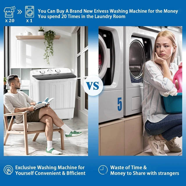 Alt view image 2 of 7 - Erivess Compact Mini Twin Tub 18lbs Washing Machine, Drying Rack&10 Hangers