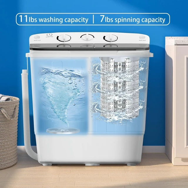 Alt view image 5 of 7 - Erivess Compact Mini Twin Tub 18lbs Washing Machine, Drying Rack&10 Hangers