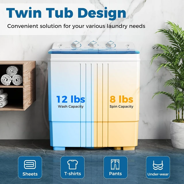 Alt view image 3 of 7 - COSTWAY Portable Washing Machine, Twin Tub 20Lbs Capacity, Compact Laundry Washer(12Lbs) and Spinner(8Lbs), Durable Design for Apartment Dorm RV, Blue+White