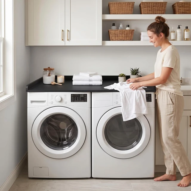 Alt view image 2 of 7 - Kaboon Washer Dryer Countertop Only, Melamine Countertop with Edge Rails - 27.5" Depth x 54" Width Laundry Room Organization, Black