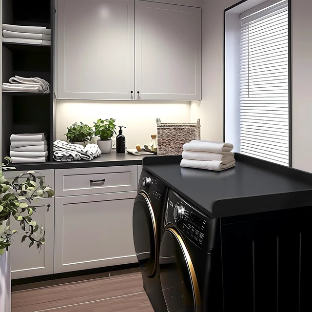 Alt view image 3 of 7 - Kaboon Washer Dryer Countertop Only, Melamine Countertop with Edge Rails - 27.5" Depth x 54" Width Laundry Room Organization, Black