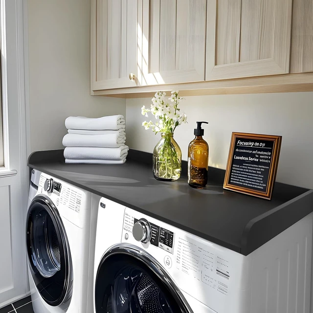 Alt view image 7 of 7 - Kaboon Washer Dryer Countertop Only, Melamine Countertop with Edge Rails - 27.5" Depth x 54" Width Laundry Room Organization, Black