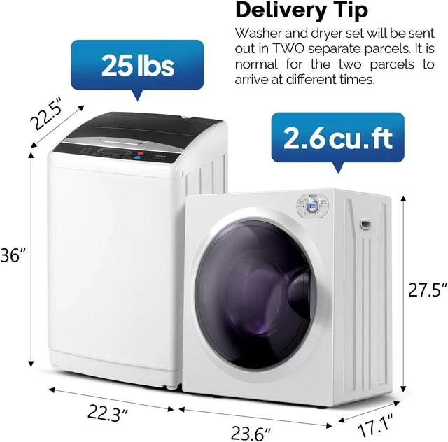 Alt view image 3 of 7 - ROVSUN 25LBS Full Automatic Washing Machine and 2.6CuFt Portable Clothes Dryer Set, Electric Laundry Washer and Dryer Combo Set with Stainless Steel Inner Tub, for Apartment, Dorms, Home