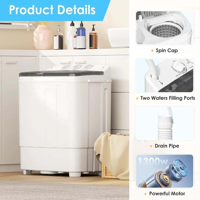 Alt view image 7 of 7 - INTERGREAT Portable Washing Machine, 25lbs Compact Portable Washer and Dryer Combo with Timer Knobs, Twin Tub Mini Laundry Washer for Apartments, Dorm, Rv, Camping, Gray