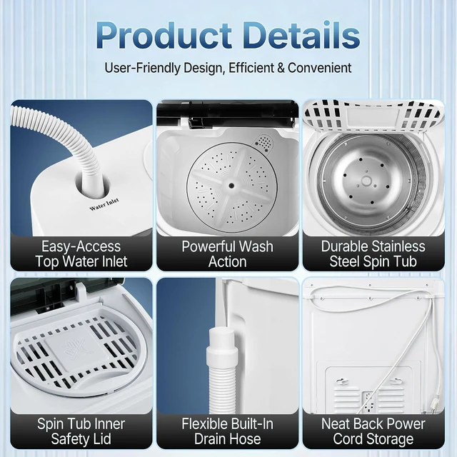 Alt view image 7 of 7 - SUPER DEAL Compact Mini Twin Tub Washing Machine 13lbs Capacity Portable Washer Wash and Spin Cycle Combo, Built-in Gravity Drain for Camping, Apartments, Dorms, College, RVs and Small Spaces