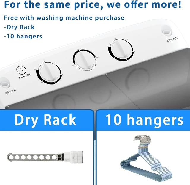 Alt view image 2 of 7 - Erivess Portable Twin Tub 19lbs Washing Machine with Drying Rack and 10 Hangers, 12lbs Washer Mini Compact Laundry Machine with 7lbs Spinner, 1500rpm Semi-automatic Washer Combo for Dorm&Apartment