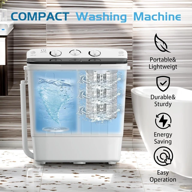 Alt view image 4 of 7 - Erivess Portable Twin Tub 19lbs Washing Machine with Drying Rack and 10 Hangers, 12lbs Washer Mini Compact Laundry Machine with 7lbs Spinner, 1500rpm Semi-automatic Washer Combo for Dorm&Apartment