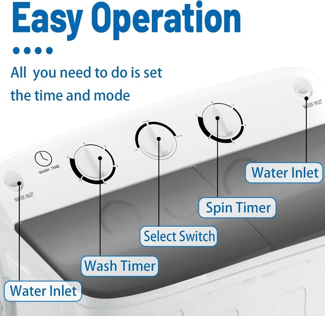 Alt view image 6 of 7 - Erivess Portable Twin Tub 19lbs Washing Machine with Drying Rack and 10 Hangers, 12lbs Washer Mini Compact Laundry Machine with 7lbs Spinner, 1500rpm Semi-automatic Washer Combo for Dorm&Apartment