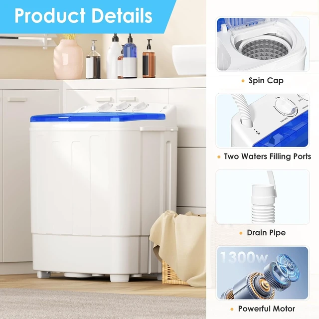 Alt view image 7 of 7 - INTERGREAT Portable Washing Machine, 25.4lbs Twin Tub Portable Washer with Spin Cycle and Dryer, Semi-automatic Washer Machine Combo for Dorms, Apartments, Blue