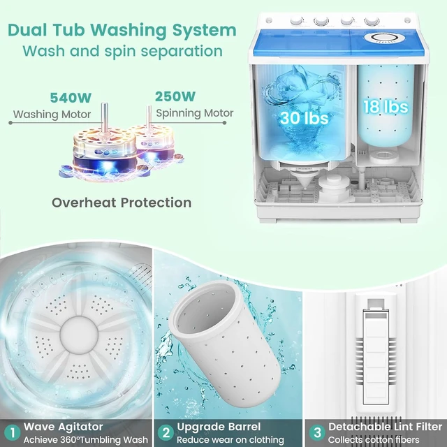 Alt view image 4 of 7 - Auertech 48 Lbs Portable Washing Machine, Large Portable Washer for Apartments with 30 Lbs Washer & 18 Lbs Spinner, Clothes Washer Machine with Drain Pump for Apartment, Dormitory and RVs