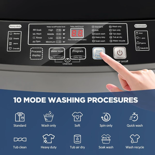Alt view image 5 of 7 - YASHE 17.6 lbs Portable Washing Machine, Full Automatic Compact Washer with Drain Pump, 10 Wash Programs, 8 Water Levels, LED Display, Portable Washer Machine for Apartment, RV, Dorm and Home