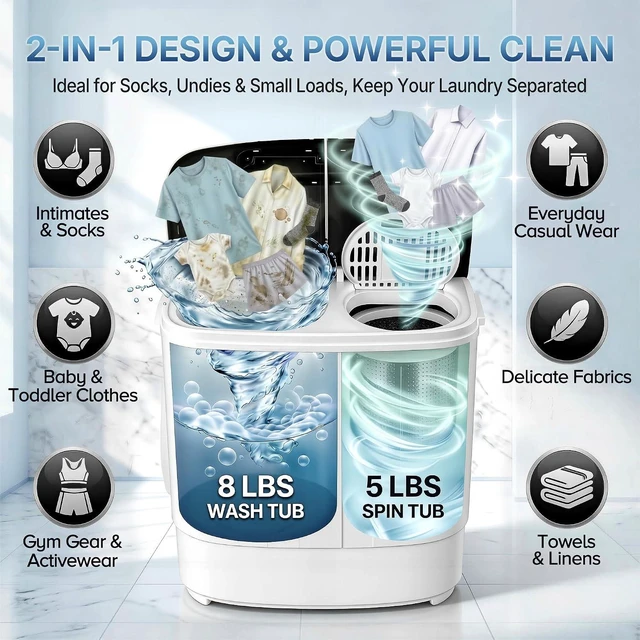 Alt view image 4 of 7 - SUPER DEAL Compact Mini Twin Tub Washing Machine 13lbs Capacity Portable Washer Wash and Spin Cycle Combo, Built-in Gravity Drain for Camping, Apartments, Dorms, College, RVs and Small Spaces
