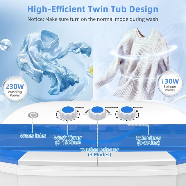 Alt view image 4 of 6 - VCJ Portable Washing Machine, Twin Tub Washing Machine Laundry Compact Washer spinner Combo with 14lbs capacity, 9Lbs Washer and 5Lbs Spinner dryer for Apartments RVs and Dorms