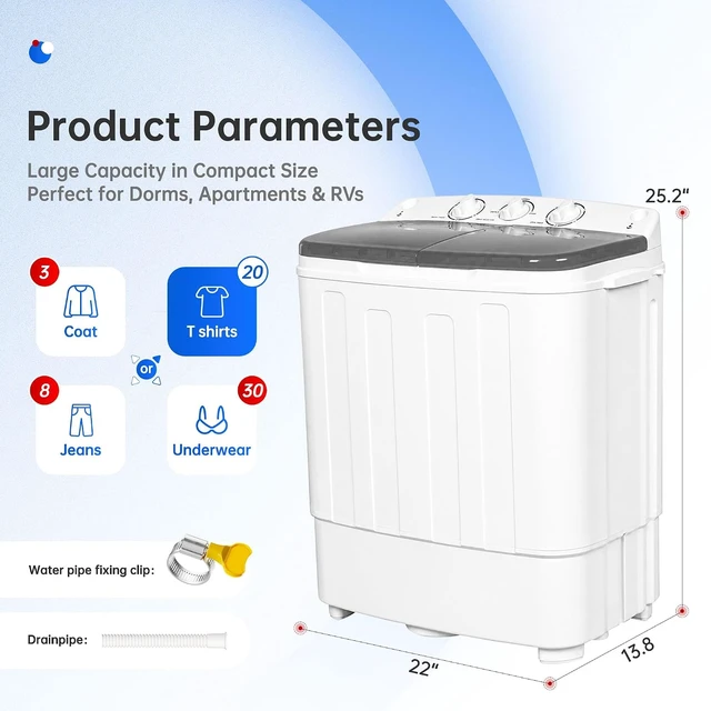 Alt view image 3 of 7 - Bonusall Portable Washing Machine 25.3 Lbs 3 Capacity Sizes 6.6/25/28LBS, Lightweight Washer with Built-in Handle & Spin Dryer, Easy Operate Mini Laundry Washer for Apartments Dorms RVs Studio Closet