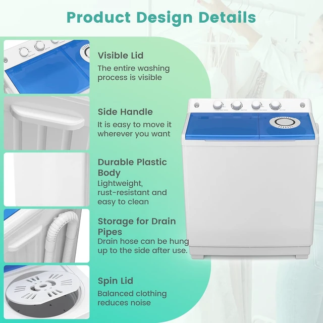 Alt view image 6 of 7 - Auertech 48 Lbs Portable Washing Machine, Large Portable Washer for Apartments with 30 Lbs Washer & 18 Lbs Spinner, Clothes Washer Machine with Drain Pump for Apartment, Dormitory and RVs