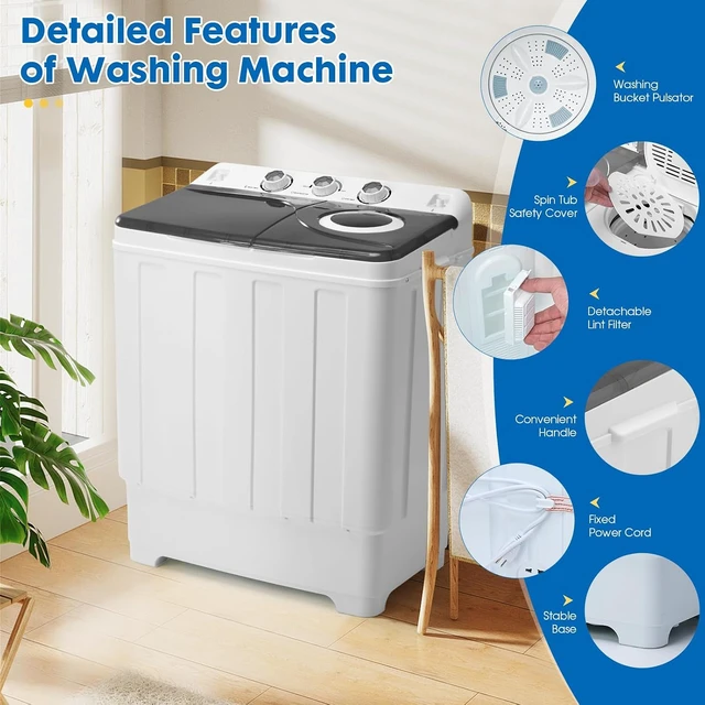Alt view image 4 of 7 - Dawmilon Portable Washing Machine, 28lbs Twin Tub with Drain Pump - 18lbs Washer and 10lbs Spinner Combo, Semi-Automatic Compact Laundry Machine for Apartments, Dorms, RVs, Camping - Grey