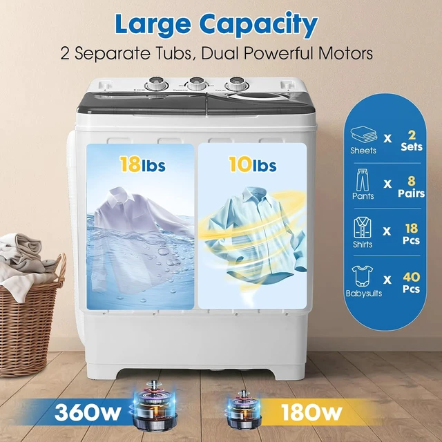 Alt view image 3 of 7 - Dawmilon Portable Washing Machine, 28lbs Twin Tub with Drain Pump - 18lbs Washer and 10lbs Spinner Combo, Semi-Automatic Compact Laundry Machine for Apartments, Dorms, RVs, Camping - Grey
