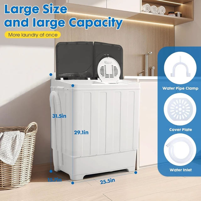 Alt view image 5 of 7 - Dawmilon Portable Washing Machine, 28lbs Twin Tub with Drain Pump - 18lbs Washer and 10lbs Spinner Combo, Semi-Automatic Compact Laundry Machine for Apartments, Dorms, RVs, Camping - Grey