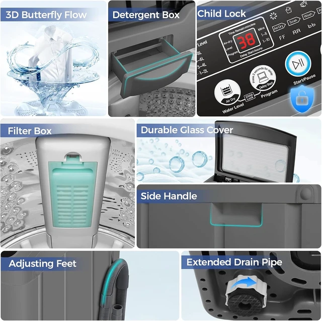 Alt view image 5 of 7 - Nictemaw 25Lbs Portable Washing Machine for Apartment, Slow-Close Glass Lid