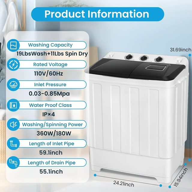 Alt view image 7 of 7 - Nictemaw Portable Washing Machine for Apartment, 30Lbs Twin Tub Drain Pump