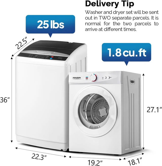 Alt view image 2 of 7 - ROVSUN 25LBS Full Automatic Washing Machine and 1.8CuFt Portable Clothes Dryer Set, Compact Laundry Washer and Dryer Combo Set with Stainless Steel Inner Tub, for Apartment, Dorms, Home