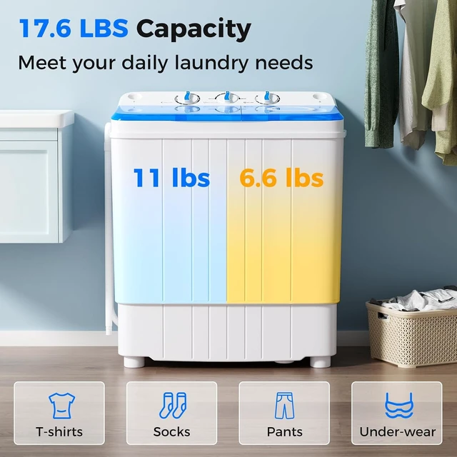 Alt view image 2 of 7 - Giantex Portable Washing Machine, 17.6lbs Compact Washer Spinner Combo with Pump Drain, Twin Tub 11lbs Wash & 6.6lbs Spin, Lavadoras Portatiles for Apartment RV Dorm College (White & Blue)