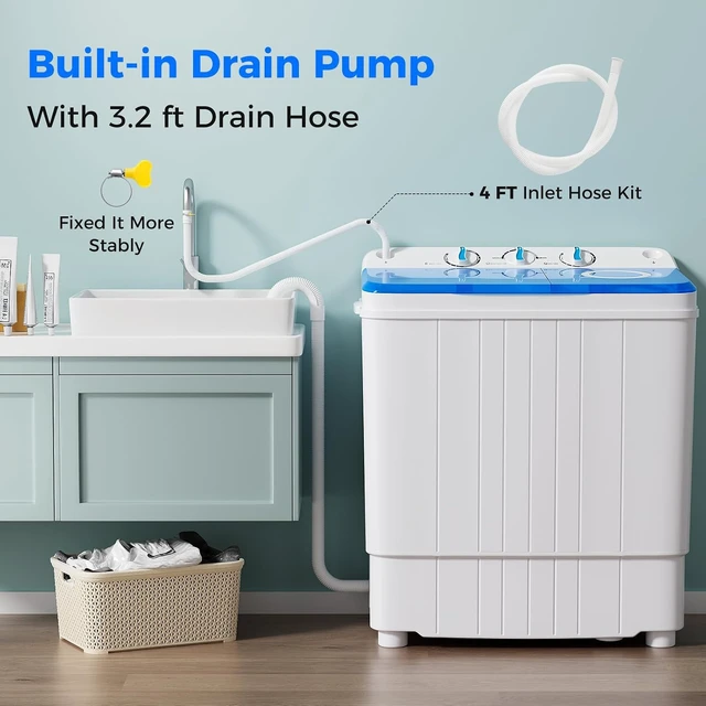Alt view image 5 of 7 - Giantex Portable Washing Machine, 17.6lbs Compact Washer Spinner Combo with Pump Drain, Twin Tub 11lbs Wash & 6.6lbs Spin, Lavadoras Portatiles for Apartment RV Dorm College (White & Blue)