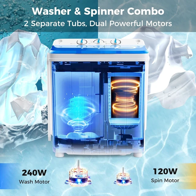 Alt view image 4 of 7 - Giantex Portable Washing Machine, 17.6lbs Compact Washer Spinner Combo with Pump Drain, Twin Tub 11lbs Wash & 6.6lbs Spin, Lavadoras Portatiles for Apartment RV Dorm College (White & Blue)