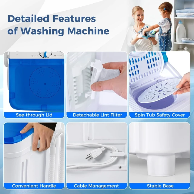 Alt view image 7 of 7 - Giantex Portable Washing Machine, 17.6lbs Compact Washer Spinner Combo with Pump Drain, Twin Tub 11lbs Wash & 6.6lbs Spin, Lavadoras Portatiles for Apartment RV Dorm College (White & Blue)