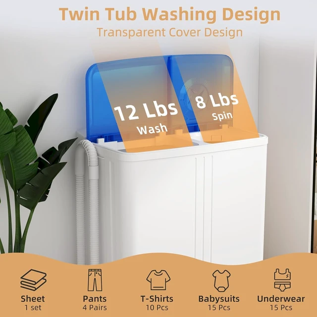Alt view image 3 of 7 - Zynkez Portable Washing Machine, 20Lbs Compact Twin Tub Laundry Washer with Built-in Drain Pump, Semi-Automatic 12Lbs Washer and 8Lbs Spinner Combo for Apartments, Dorms, RVs