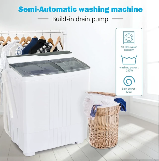 Alt view image 2 of 7 - COSTWAY Portable Washing Machine, Twin Tub 21Lbs Capacity, Washer(14.4Lbs) and Spinner(6.6Lbs), Laundry Machine with Control Knobs, Built-in Drain Pump, Compact Washer for Apartment, RV, Grey