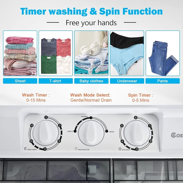 Alt view image 6 of 7 - COSTWAY Portable Washing Machine, Twin Tub 21Lbs Capacity, Washer(14.4Lbs) and Spinner(6.6Lbs), Laundry Machine with Control Knobs, Built-in Drain Pump, Compact Washer for Apartment, RV, Grey