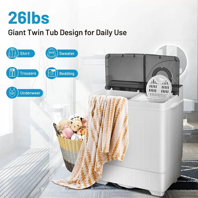 Alt view image 3 of 7 - Giantex Washing Machine Semi-automatic, Twin Tub Washer with Spin Dryer, 26lbs Capacity, Built-in Drain Pump, Portable Laundry Washer, Compact Washing Machine for Apartment, Dorm and RV (White+Gray)