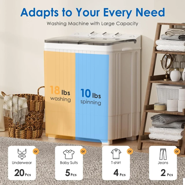Alt view image 3 of 7 - Portable Washing Machine, 28lbs Twin Tub Mini Washer Compact Laundry Machine with Timer Knobs, Semi-automatic 18lbs Washer 10lbs Spinner Combo for Dorms, Apartments, Grey