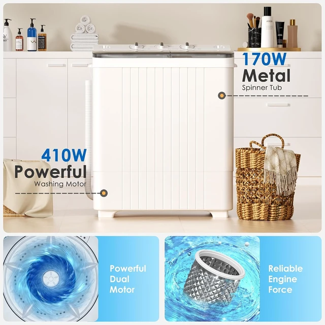 Alt view image 4 of 7 - Portable Washing Machine, 28lbs Twin Tub Mini Washer Compact Laundry Machine with Timer Knobs, Semi-automatic 18lbs Washer 10lbs Spinner Combo for Dorms, Apartments, Grey