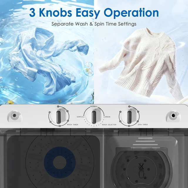 Alt view image 2 of 7 - Portable Washing Machine, 28lbs Twin Tub Mini Washer Compact Laundry Machine with Timer Knobs, Semi-automatic 18lbs Washer 10lbs Spinner Combo for Dorms, Apartments, Grey