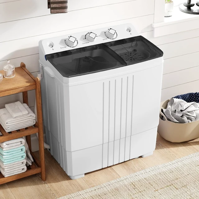 Alt view image 2 of 7 - COSTWAY Portable Washing Machine, Twin Tub 20Lbs Capacity, Compact Laundry Washer(12Lbs) and Spinner(8Lbs), Durable Design for Apartment Dorm RV, Black+White