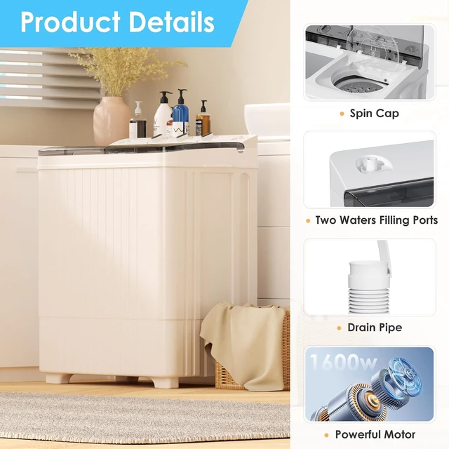 Alt view image 6 of 7 - Portable Washing Machine, 28lbs Twin Tub Mini Washer Compact Laundry Machine with Timer Knobs, Semi-automatic 18lbs Washer 10lbs Spinner Combo for Dorms, Apartments, Grey