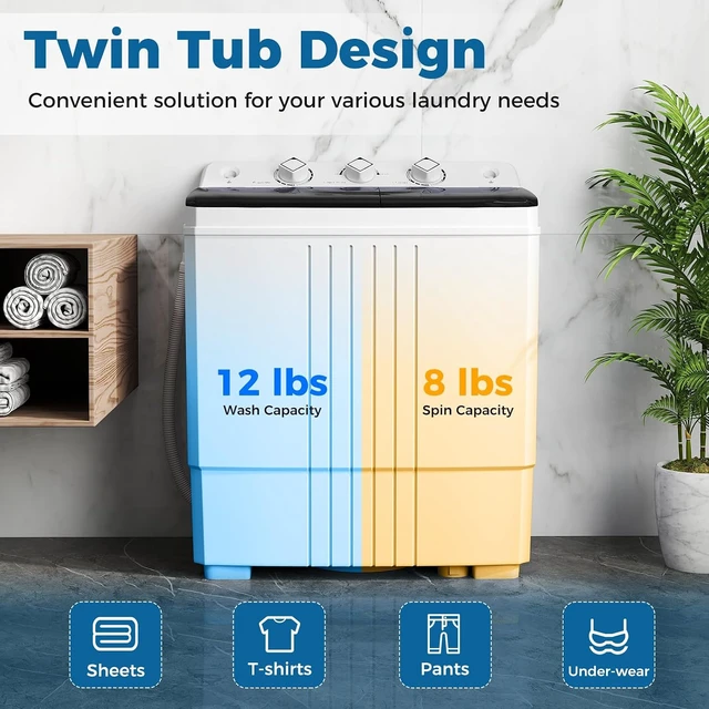 Alt view image 5 of 7 - COSTWAY Portable Washing Machine, Twin Tub 20Lbs Capacity, Compact Laundry Washer(12Lbs) and Spinner(8Lbs), Durable Design for Apartment Dorm RV, Black+White