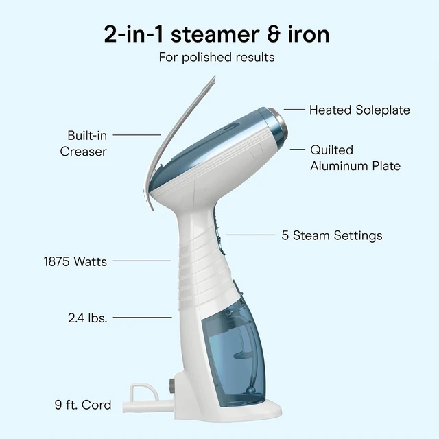 Alt view image 4 of 7 - Conair Handheld Steamer for Clothes & Upholstery, 3 Attachments, White/Blue